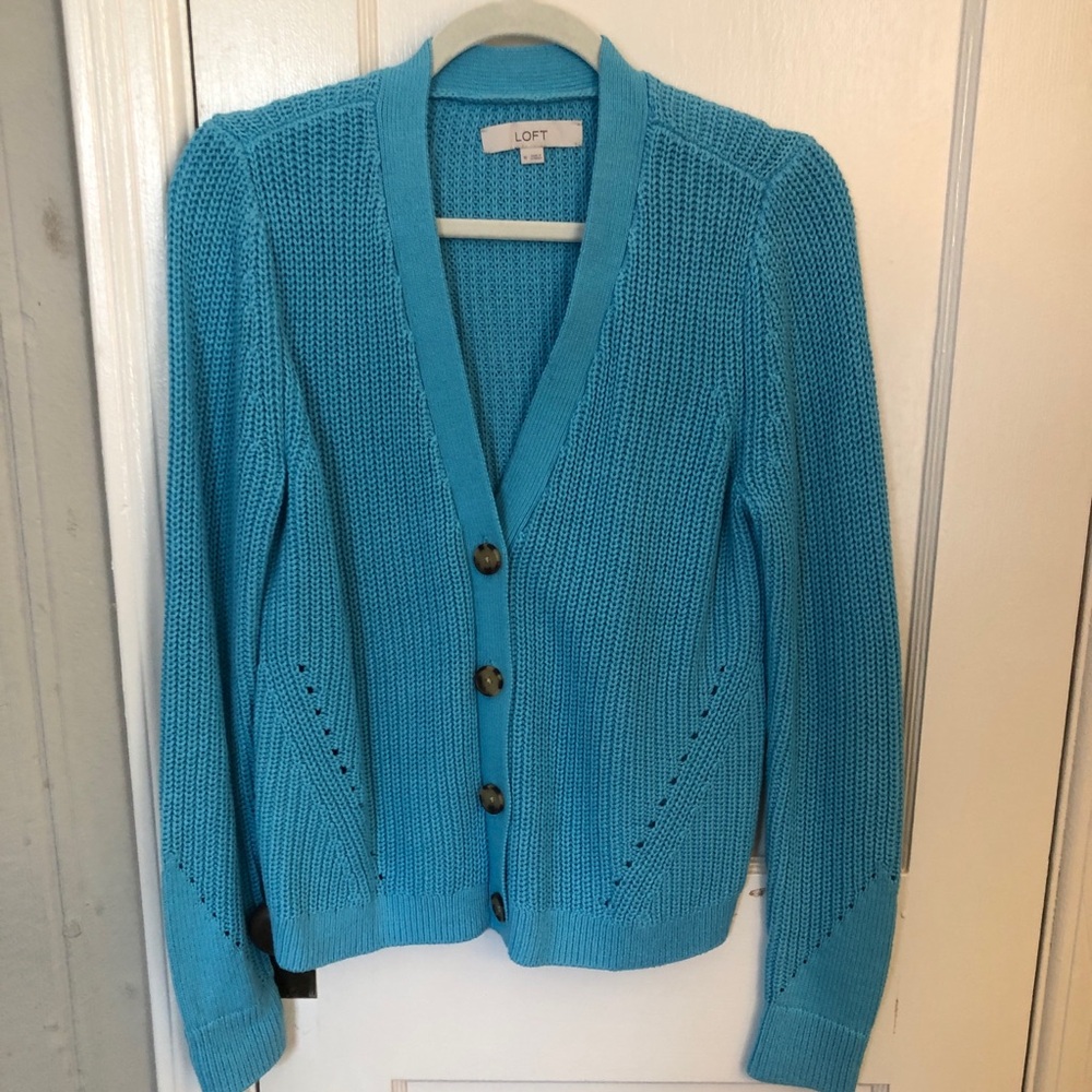 LOFT Blue Cardigan Sweater with Ribbed Knit V-Neck